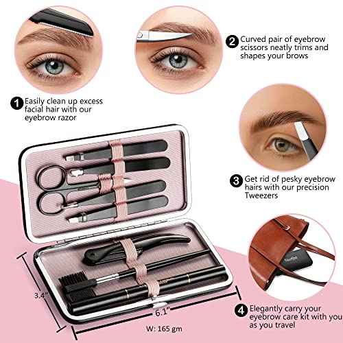 Eyebrow Trimmer 8-Pack - Eyebrow Tweezers Set - Eyebrow Shaping Kit for Women & Men With Razor, Brush With Comb, Pencil, and Scissors in Padded Case
