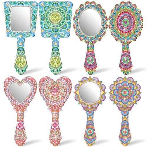 4 Pcs Diamond Painting Mirror Handheld Kits Valentine Christmas Art Gifts Compact Decorate Your Own Mirror for Hand DIY Crafts