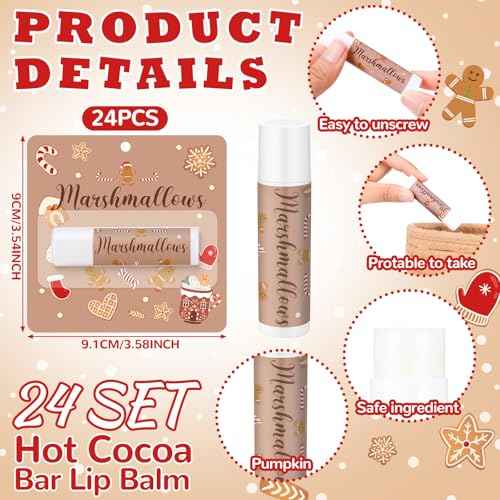 24 Pcs Hot Cocoa Bar Flavor Lip Balms Bulk Hot Chocolate Coffee Bar Supplies for Guest Lip Balm Gift Set Travel Size Lipstick Winter Baby Shower Christmas Birthday Favors Decorations