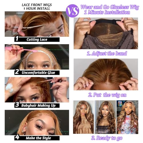 22 Inch 5x5 HD Lace Closure Wigs Human Hair Body Wave Wear and Go Glueless Wigs Pre Plucked Pre Cut P4/27 Honey Blonde Highlight Ombre Lace Front Wig Human Hair Wig 180% Density