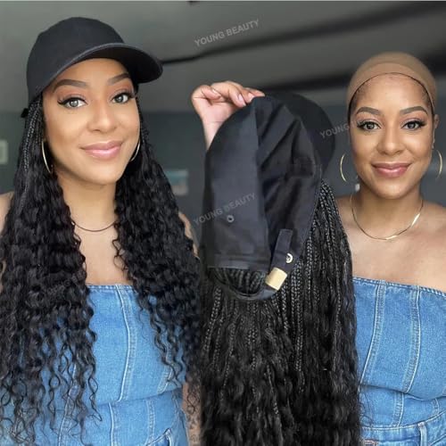 Boho Box Braids Hat Wigs with Human Hair Curly Ends Grab-and-Go Boho Braided Hair Extensions with Baseball Cap for Women Natural Black
