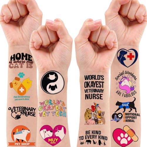 96 PCS Funny Veterinary Vet Medicine Technician Vet Med Temporary Tattoos Birthday Theme Party Supplies Decorations Favors Decor Cute Pet Cat Dog Tattoo Stickers Gifts for Kids Boys Girls Class Prizes