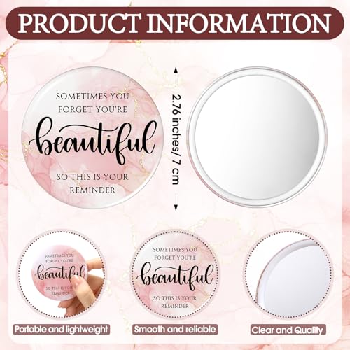 50 Pcs Inspirational Mini Compact Mirror Bulk for Women Christmas Pink Pocket Gifts Portable Round Purse Mirrors Thank You Reminder Gift for Coworker Employee Staff Nurse