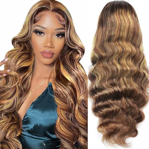 Kucmir 24 Inch Highlight Wig Human Hair Honey Blonde HD Lace Front Wig Human Hair Ombre Lace Front Wig 13x6 Lace Front Wigs Human Hair Highlighted Wig Baby Hairline