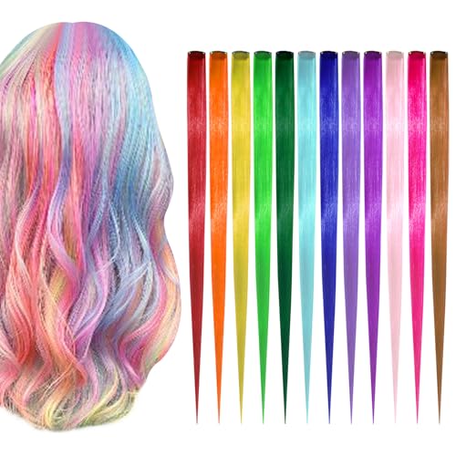 Mini Skater 12 sets 23inch Colored Clip in Hair Extension Rainbow Party Highlights Long Straight Fairy Hair Colorful Festival Hair Accessories for Women Fashion Halloween Christmas