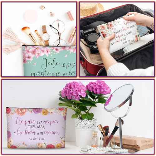 Kacctyen 18 Pcs Spanish Bible Christian Women's Religious Gift Christmas Gifts Cosmetic Bags Inspirational Bible Verse Pencil Pouch Motivational Makeup Bag with Zipper for Travel (Fresh)