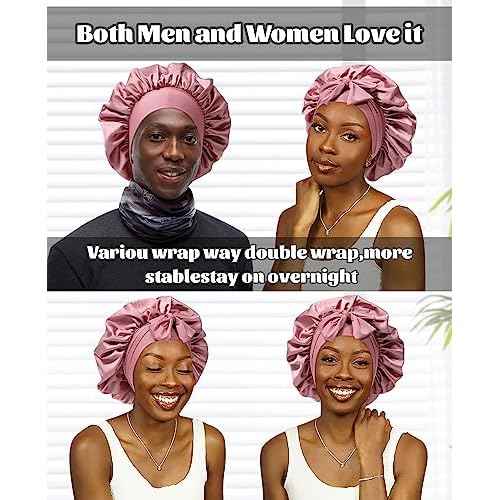 Satin Bonnet for Sleeping Cap Double Layer Hair Bonnet with Elastic Tie Band for Curly Hair Night Cap (Bean Paste + Pink)