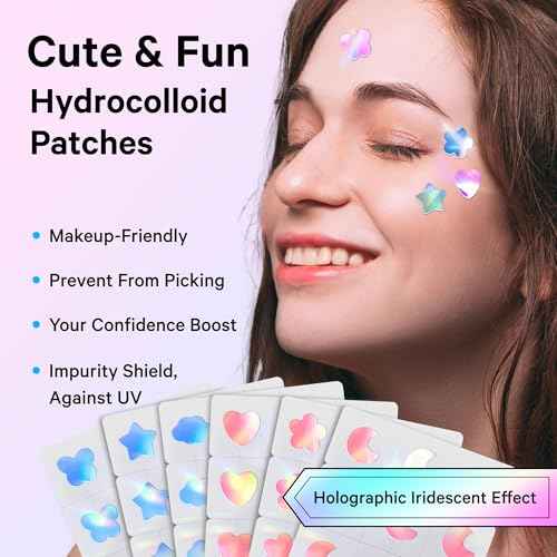 Sosky Hologram Pimple Patches for Face, Hydrocolloid Acne Patches with Salicylic Acid, Cute Star Zit Stickers,Colorful Blemish Covers,48 Count Blue Pink Heart Cloud Butterfly Flower