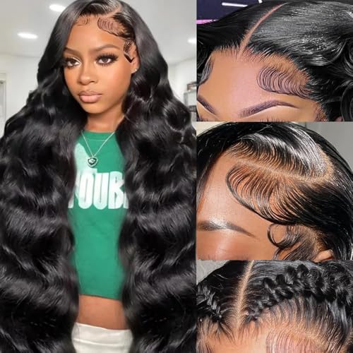 13x6 HD Lace Front Wigs Human Hair Body Wave Lace Frontal Wigs Pre Plucked 200 Density Glueless Wig 18 Inch Body Wave wig with Baby Hair Natural Black