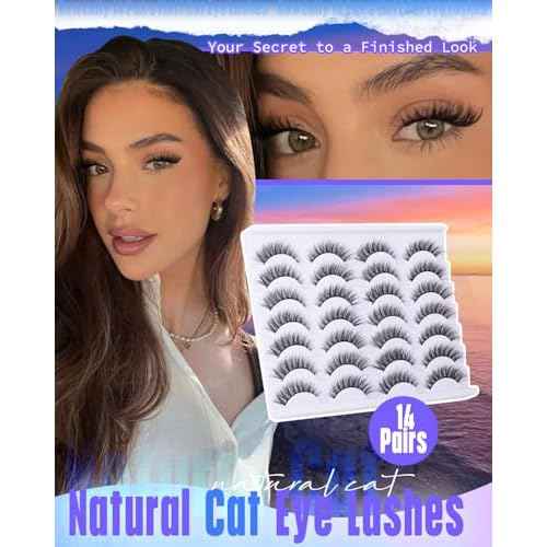 Newcally Lashes False Eyelashes Cat Eyes Wispy Natural Faux Mink Lashes 14 Pairs Pack Light Volume Short Fake Eye Lashes Multipack