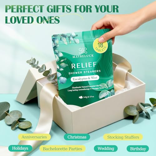 Eucalyptus Mint Shower Steamers Aromatherapy 18 Pack - Includes Easy Opener, Eucalyptus for Shower, Stocking Stuffers, Christmas Gifts & Birthday Gifts for Women, White Elephant Gifts for Adults