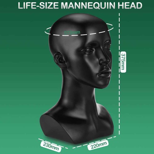 OUOLife Female Mannequin Head, for Wig Stand, VR Headset, Jewelry, Necklace, Pendant, Hat, Headphone, Glasses Display, Halloween Mask Making and Clay Busts (Black, 22.5 inch HC)