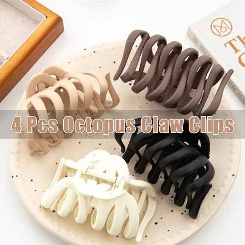 4 Pcs Octopus Claw Clips Octopus Hair Claw Clips for Women 3.8" Large Hair Claw Clip for Women Strong Grip Non-slip Jaw Clip for Thick,natural color