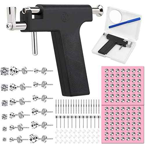 Professional Ear Piercing Gun Kit, Reusable Piercing Gun with Stainless Steel Piercing Earrings Studs, Crystal Earrings for At Home Salon Earlobe Cartilage Helix Tragus Piercing Tool Kit