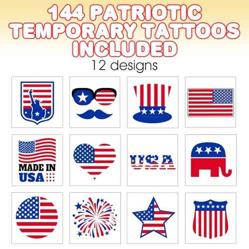 ArtCreativity American USA Patriotic Individual Tattoos for Kids (Pack of 144) Non-Toxic 1.5 Inch Pre-Cut Temporary Tattoos - Red White and Blue, July 4th Labor Day Tattoo Party Favors and Accessories