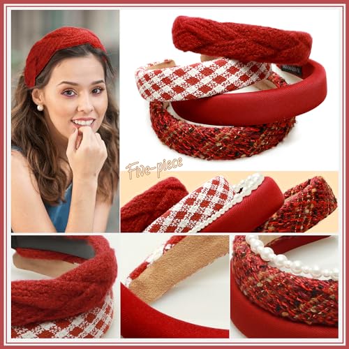 Fashion Headbands Set - 5pcs Red Wide Pearl Rhinestone Padded Hair Accessories for Women, Mothers Day, Valentine's Day, Christmas