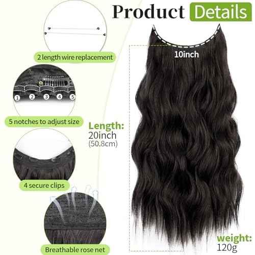 KooKaStyle Invisible Wire Hair Extensions with Transparent Wire Adjustable Size 4 Secure Clips Long Wavy Secret Synthetic Hairpiece 20 Inch 120g Rich Dark Brown with Warm Tones for Women
