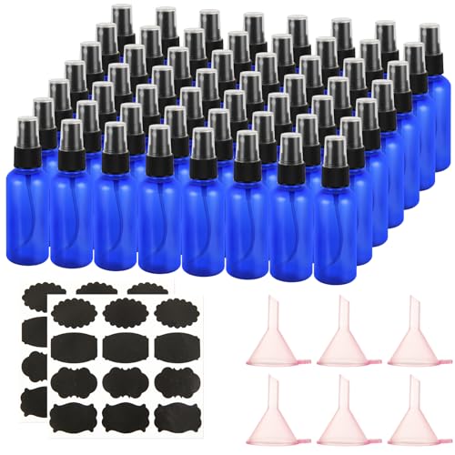 50 Pack 2oz Plastic Spray Bottles Small Empty Fine Mist Spray Bottle Blue Clear Bottles for Essential Oils, Bath, Beauty, Hair & Cleaning, Small Spray Bottles for Travel, With 10 Funnels