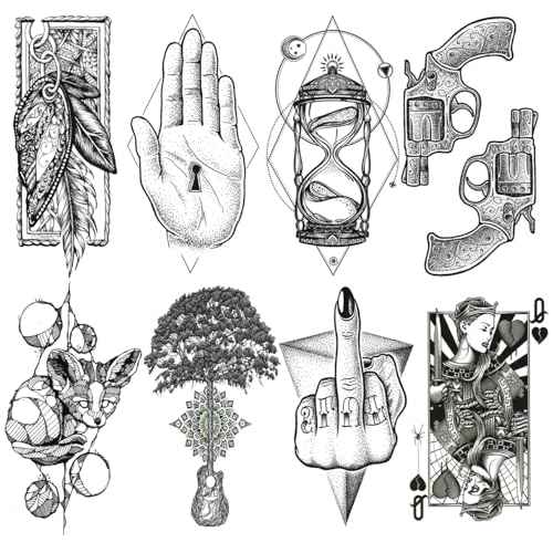 8 Sheets 3D Black Realistic Temporary Tattoos for Men Women Adults, Hand Finger Gun Hourglass Card Queen Tree Design Halloween Fake Half Arm Sleeve Tattoos Stickers Legs Kit Sets