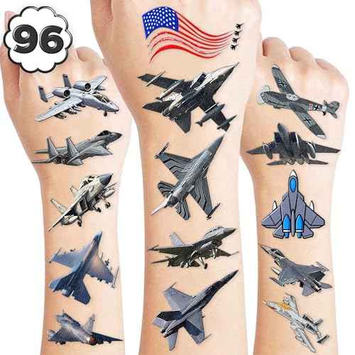 96PCS Jet Temporary Tattoos Pre-Cut Fighter Jet Birthday Party Decorations Party Favors Supplies Aircraft Plane Airplane Military Tattoos Stickers for Kids Boys Girls Gifts (Normal)