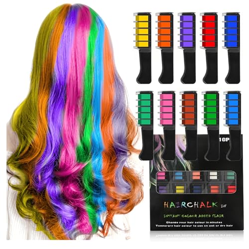 10 Colors Colorful Hair Chalk Comb, Temporary Bright Hair Color Dye for Girls and Kids, Washable Hair Chalk for Party Birthday DIY Makeup Cosplay Look