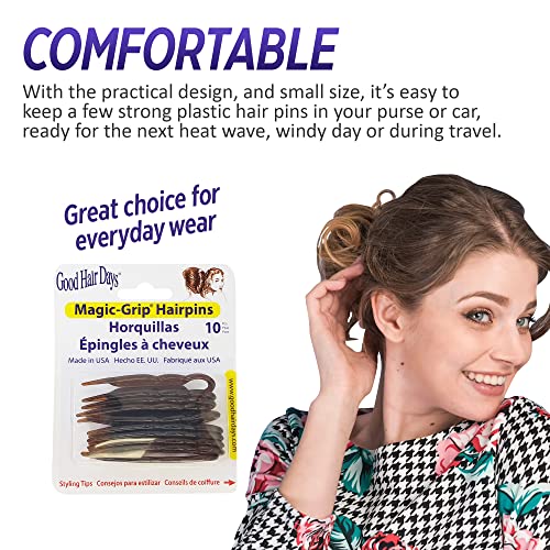 Good Hair Days Hair Pins - 2 1/2" Plastic, U-shaped Magic Grip Hairpins, Strong Durable Pins For Fine, Thick & Long Hair, Styling Accessories - Tortoise Shell, Set of 10