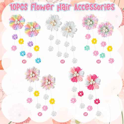 Flower Ribbon Bows Clips - 10pcs Colorful Flower Hair Accessories Grosgrain Ribbon Bows Alligator Clips Pendants Barrettes Hair Accessories Baby Girls Toddlers Kids Teens(5 Designs in Pairs)