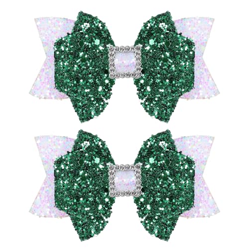 Glitter Hair Bow Clips 3.5 Inch Sweet Hairpins Girls Teens Kids Sparkly Hair Accessories for School Birthday Holiday Party Decor, White&Green