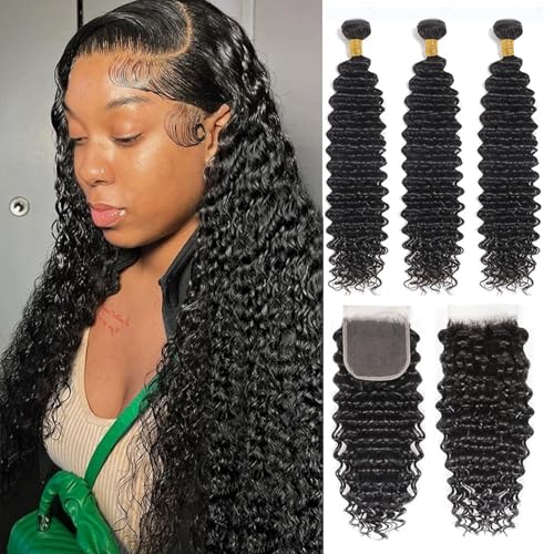 Deep Wave Bundles Human Hair With Closure 14 16 18 with14 inch 10A Unprocessed Brazilian Deep Curly Bundles Human Hair With 4x4 Lace Closure Natural Color Wet and Wavy Bundles