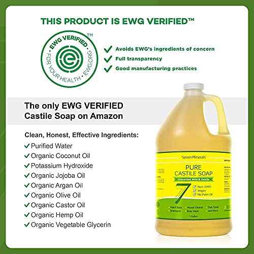 Seven Minerals EWG Verified Unscented Castile Soap (1 Gallon) & Pure Lemon Castile Soap (33.8 fl oz)