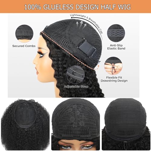 Half Wig Human Hair Curly 20 Inch 200 Density Glueless Jerry Curly Human Hair Half Wigs For Black Women 3 In 1 Seamless Flip Over Wear Go Beginner Friendly Curly Wig Natural Color