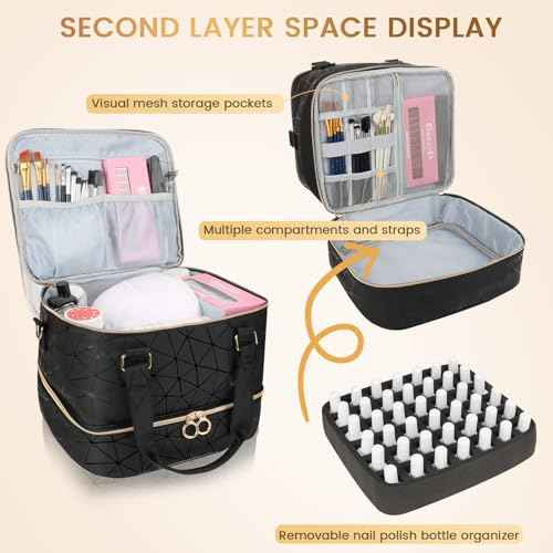 Nail Polish Organizer Bag Holds 84 Bottles & Nail Lamp, 3 Layers Nail Kit Storage Carrying Case Pu Leather, Large Nail Supplies Organizer With Shoulder Strap, Portable Travel Nail Bag For Nail Tech