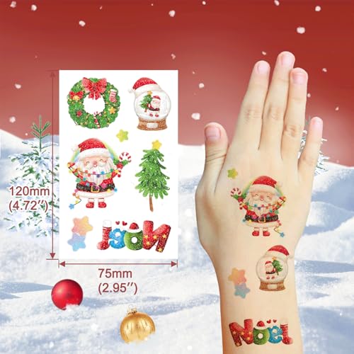 16 Sheets Glitter Christmas Temporary Tattoos for Kids Birthday Party Favors, Christmas Sparkly Winter Holiday Body Decoration Tattoo Stickers for Boys and Girls Goodie Bag Stocking Stuffers