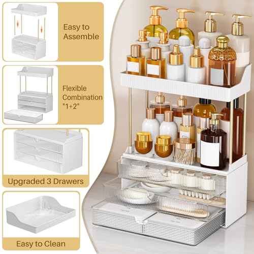 5 Tiers Bathroom Counter Organizer - 3 Drawers Makeup Organizer, Cosmetic Storage Drawer for Dresser Countertop and Bathroom Vanity for Large Skincare, Perfume, Clear
