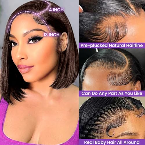 Dark Brown Bob Wig Human Hair 13X4 Lace Front Wigs Human hair 180% Density Short Straight Frontal Bob Wig Pre Plucked for Women HD Transparent Lace Frontal wigs With Baby Hair Dark Brown Color 16 Inch