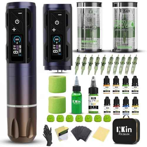 INKin Tattoo Gun Kit for Beginners, CL4 Wireless Tattoo Machine 4.0 Stroke Brushless Motor for Starter Tattoo Kit with 2Pcs 1800mah Battery Power Supply Revo Cartridge Needles Assorted 9Pcs Tattoo Ink