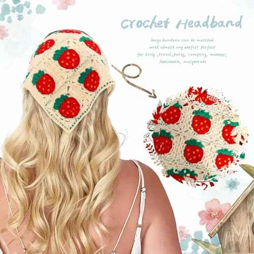 Acenail Crochet Hair Bandanas Women Floral Hair Scarf Tie Back Bandana Headband Knitted Head Kerchief Headbands Elastic Wide Knit Head Wraps Summer Boho Hair Accessories for Women 3Pcs (Flower)