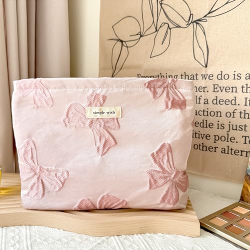 Pink Bow Makeup Bag for Purse Zipper - Large Capacity Canvas Cosmetic Organizer, Coquette Preppy Travel Toiletry Pouch for Women and Girls Gift Idea