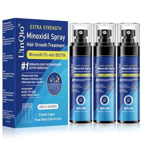 5% Minoxidil Spray for Men and Women, Infused with Biotin, for Hair Regrowth Treatment, Beard Growth, Extra Strength Treatment to Combat Hair Loss and Thinning, 5 Month Supply, 3 x 3.38 oz
