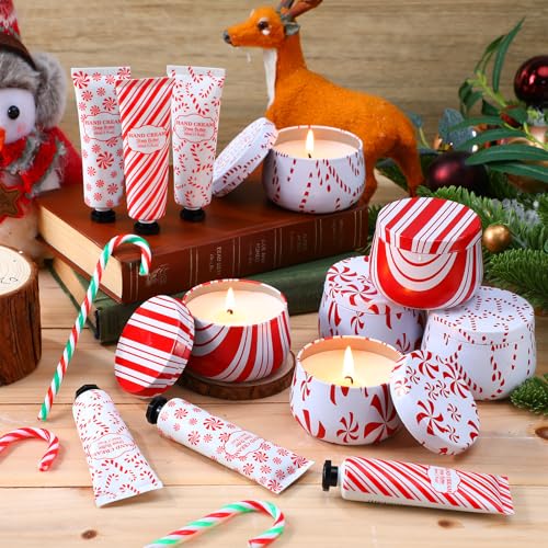 12 Set/ 24 Pcs Christmas Candy Cane Scented Gift Bulk for Women 3.5oz Peppermint Scented Candles Hand Cream Lotion Set Xmas Stocking Stuffer Travel Size for Teacher Employee Team Party Favor