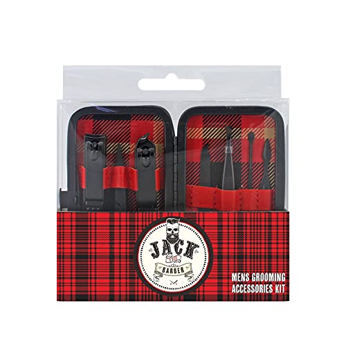 JACK THE BARBER 7 Piece Men's Grooming Kit Stainless Steel, Nail Clippers, Scissors, Nail Cleaner, Nail File Tweezer, and Other Accessories, Best Care Tools for Man.