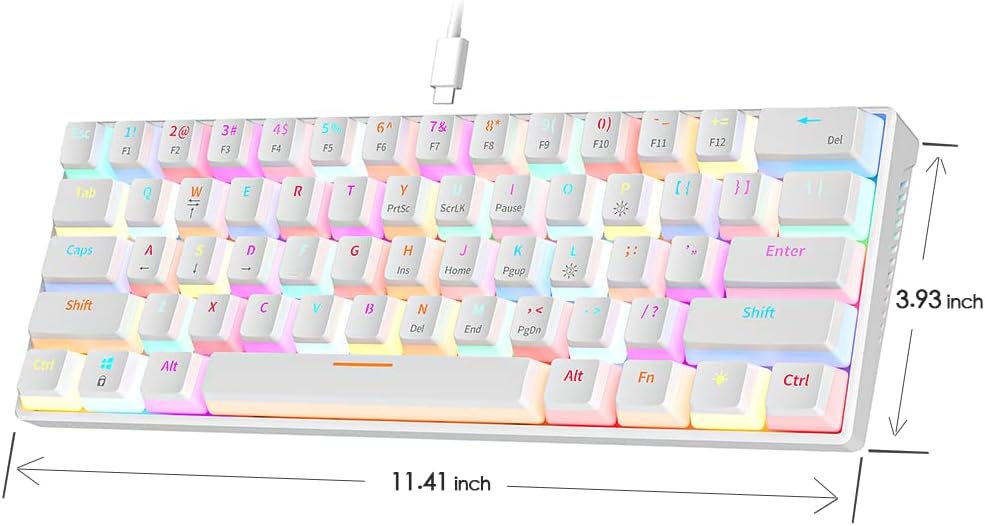 abucow Mechanical Keyboard Wired 60% Gaming Keyboard with 18 Style Colorful RGB Backlit Custom 63 Swappable keycaps (White&RGB)