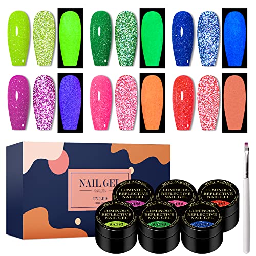 MEET ACROSS Luminous Reflective Gel Polish, Glow in Dark Gel Nail Polish, Reflective Glitter Nail Polish with Nail Brush, Neon Color Shiny Disco Luminous Polish for DIY Manicure Nail Art Salon