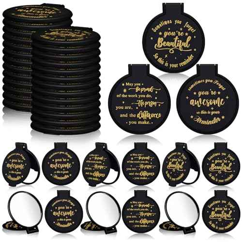 Wenqik 100 Pcs Inspirational Mini Compact Mirror for Purse Women Small Gifts Bulk, Round Makeup Folding Mirror, Thank You Gift Bag Stuffer Items, Christmas for Coworker Employee Staff (Black)