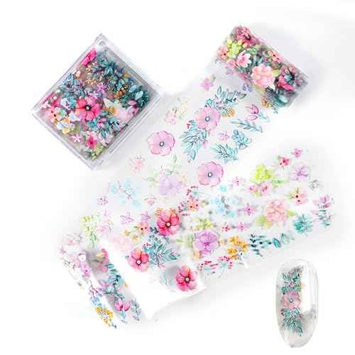 DANNEASY 6 Boxes Flower Nail Art Foil Transfer, Floral Spring Nail Stickers Foil Sheets, Starry Sky Nail Foils, Holographic Manicure Decals for Women Girls Manicure Tips Supplies