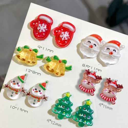 60pcs 3D Cartoon Christmas Nail Charms, Cute Elk Snowman Christmas Nail Art Charms Santa Claus Nail Charm Xmas Tree Gloves Christmas Bells Resin Charms for Nails Kawaii Nail Charms Nail Accessories