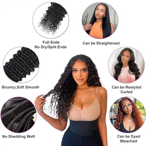 15A Raw Human Hair Bundles Deep Wave Bundles Human Hair,Triple Lifespan Indian Virgin Hair,No Tangle Shedding,Multiple Washes Keep Texture Silky Soft (3 Bundle Natural Black, 16 16 16)