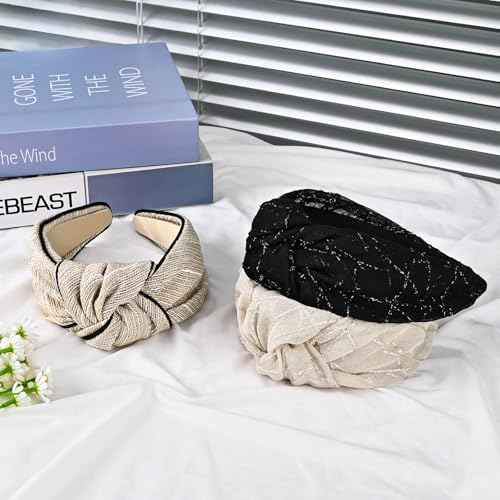 Top Knotted Headband for Women Girls, Wide Fashion Headbands with Knot for Women¡¯s Hair, Cute Thick Fabric Non-Slip Hair Bands (Beige)