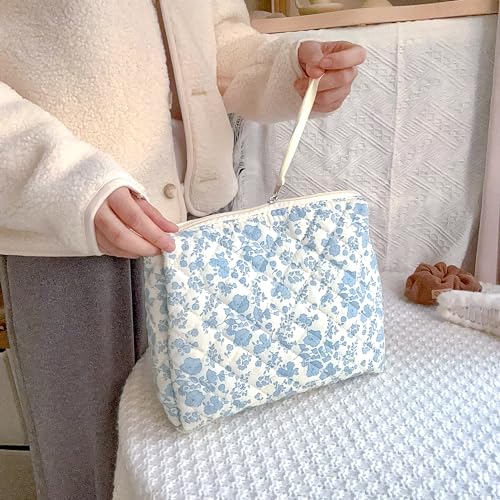 Large Travel Makeup Bag - Quilted Cotton Cosmetic Organizer with Zipper, Cute Coquette Floral Aesthetic Toiletry Pouch Gift for Women (Blue Floral)