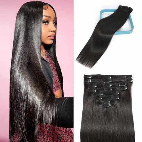 LORIEN Clip in Hair Extensions Real Human Hair, 18 Inch 100g/3.6oz, 1B Natural Black, Clip in 100% Brazilian Remy Human Hair Extensions 8pcs Per Set with 18 Clips Double Weft